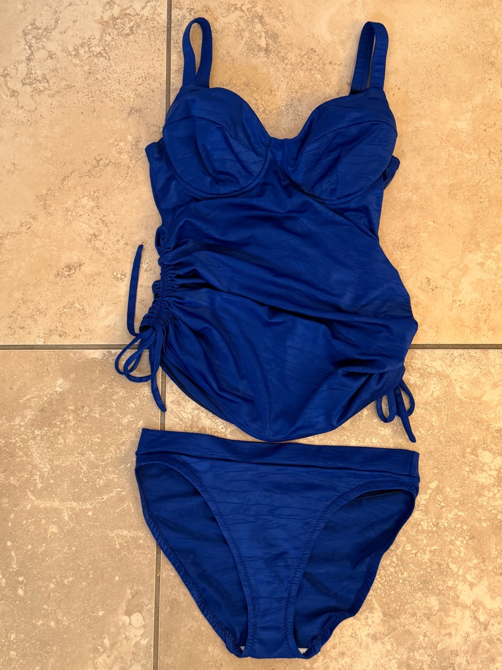 Custom Blue Ruched Tankini Top + Matching Bikini Bottoms – Size 4/D cup